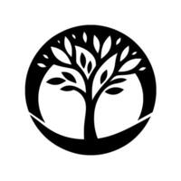 Symbolic Black Tree of Life, encapsulated in a circular frame with leaves rendered in a minimalist style against a bright white background. vector