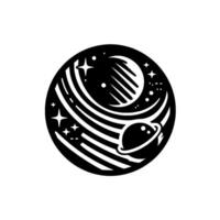 A monochromatic circular emblem featuring a planet, stars, orbiting lines, and another planet with a ring. vector
