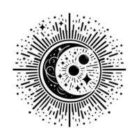 Intricate Celestial Yin Yang A Cosmic Emblem of Balance Featuring Moon Phases, Stars, and Radiant Burst on White. vector