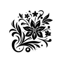 Intricate Black White Floral Large Central Flower with Delicate Petals, and Flowing Leaf Swirl Motif on a White Background. vector