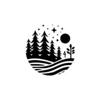 Minimalist black and white nature illustration pine trees, moon, stars, and stylized rolling hills, encapsulated in a circle on white. vector