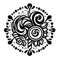 Intricate Black and White Illustration of Swirling Lollipops, Candy and Decorative Ornaments in a Symmetrical Arrangement on White Background. vector