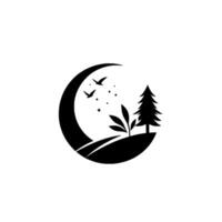 Silhouette landscape within a circle with a crescent moon, pine tree, plants, birds flying, and stars in a minimalist . vector