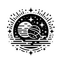 Stylized Black White Space Illustration Planets, Stars, and Geometric within Circular Frame. vector