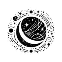 Celestial monochrome illustration, a crescent moon with stars inside, surrounded by planets and cosmic elements, conveying a dreamy space theme. vector