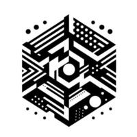 Geometric Black and White Hexagon with Circles, Dots, and Linear Patterns on a White Background. vector