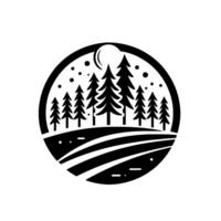Minimalist black and white illustration of a nighttime forest landscape, featuring silhouetted pine trees, a moon, and a rolling field, contained within a circular frame. vector