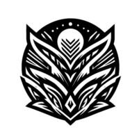 A symmetrical, intricate black and white tribalinspired geometric centered within a circle, featuring layered feather or leaf motifs. vector