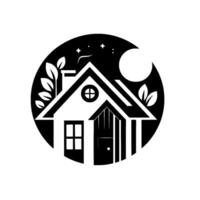 Serene night scene of a cozy, minimalist home with lush greenery, under a starry sky, and crescent moon set inside a black circle. vector