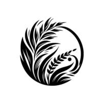 Abstract Black and White Floral Circle , Featuring Stylized Wheat and Foliage Elements in a Balanced, Symbolic Arrangement. vector