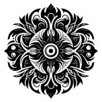 Intricate Black and White Mandala with Floral and Geometric Elements, Centered Eye Motif, and Symmetrical Composition. vector