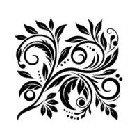 Elegant Black Floral Scroll with Leaf Accents, Detailed Swirls, and Dots, Isolated on White Background. vector