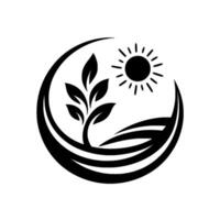 Monochromatic emblem of a thriving plant, embraced by a curved frame, with a radiant sun symbolizing growth and natures cycle. vector