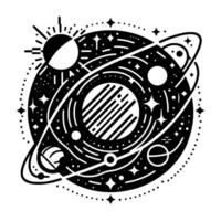 Black and white cosmic illustration of planets, stars, and orbits, showcasing the solar system in a minimalist, artistic . vector
