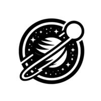illustration of a black and white stylized planetary with stars, a ring, and cometlike trajectory against a white background. vector