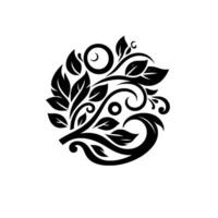 Black White Floral Crest Symmetrical, Circular with Leaves, Swirls, Ornate Detailing, Floating over a Shadow. vector