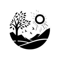 Minimalist monochrome illustration a stylized landscape within a circle featuring a tree, mountains, sun, and flying birds. vector