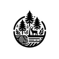 Black and white minimalist emblem of forest, a deer stands among pine trees, enclosed within a teardrop shape. vector