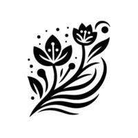 Artistic Black and White Floral Motif with Stylized Flowers, Leaves, and a Decorative Arrangement with Dots and Curved Lines. vector