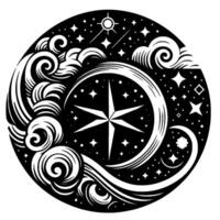 Celestial Black and White Circular Featuring Compass Star, Moon, Clouds, and Starry Sky Composition. vector