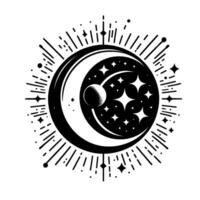 Celestial Black and White Illustration Featuring Crescent Moon, Stars, and Bursting Energy Rays, in a minimalist and elegant style vector