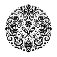Intricate Black White Circular Pattern with Crossed Lollipops, Swirls, Floral Elements, Geometric Shapes, Creating a Decorative . vector