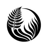Stylized Black and White Illustration Fern Frond Inside a Circle with Flowing Abstract Elements, Clean . vector