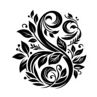 A symmetrical, monochrome floral , showcasing elegant black leaves and swirling patterns on a clean white backdrop. vector