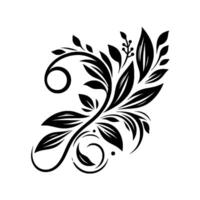 Elegant Monochrome Floral with Spirals and Leafy Branches, Isolated on White Background, Graphics. vector