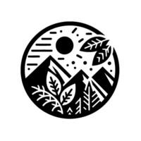 Black and white minimalist illustration of mountains, trees, sun, and leaves within a circular frame, evoking nature and serenity. vector