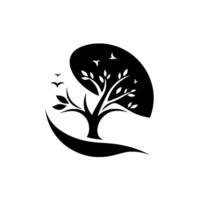Stylized Black Silhouette A serene tree cradled within a stylized crescent, adorned with birds. vector