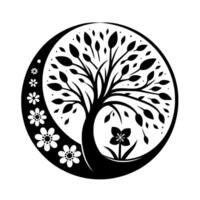 A minimalist black and white circle composition features a stylized tree and flowers, creating a harmonious . vector