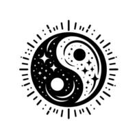Celestial Yin Yang Symbol with Stars and Dotted Background, Surrounded by Radiating Lines in Black and White. vector