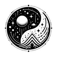Celestial Yin Yang Cosmic Harmony with Stars, Planets, and Mountain Elements, Black and White . vector