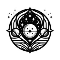 Intricate Black and White Celestial Mandala Depicting Stars, Moon, Orbs, and Abstract Floral Elements on White Background. vector
