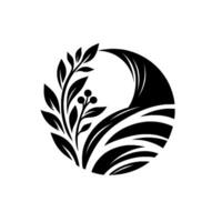 Black and White Circular Emblem Stylized Leaves, Berries, and Rolling Hills, Representing Natures Harmony vector