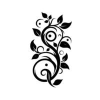 Elegant Black and White Floral Featuring Twirling Vines, Leaves, and Circles on a Plain Background. vector