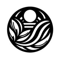 A stylized black and white circular with a sun, horizon, and plantlike forms, minimalist . vector