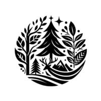 Intricate monochrome illustration of a winter forest scene encapsulated in a circle trees, deer, mountains, and star. vector