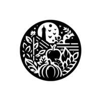 A circular black and white illustration featuring a full moon, lighthouse, pumpkins, apples, butterflies, and various botanical elements. vector