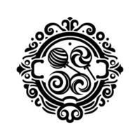 Ornate Black and White Lollipop Emblem Swirling Designs with Lollipops, Geometric, and a Decorative Circular Frame on White. vector