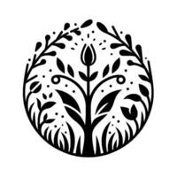 Stylized Black and White Botanical Illustration within an Oval Frame Featuring Flora Foliage, Flowers, and Grass vector