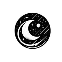 Minimalist Celestial Illustration Crescent Moon, Stars, and Comet Streaks within a Black Circular Frame. vector
