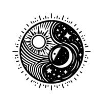 YinYang Symbol of Celestial Harmony A stylized black and white illustration depicting the balance of day and night with the sun, moon, and stars within a circular . vector