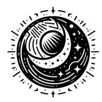 Celestial Crescent Moon and Starburst with Inner Sun A Black and White Minimalist Astronomical Illustration on White Background. vector