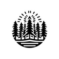 Minimalist black and white circular depicting evergreen trees in a forest with a sunburst radiating from behind, simple and iconic. vector