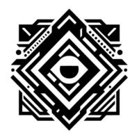 Geometric Black and White Symmetrical, Abstract Composition Featuring a Central Eyelike Shape and Mazelike Patterns, Isolated on White. vector