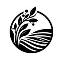 Minimalist Black and White of a Branch with Leaves and Berries, Overlooking a Field in a Circular Frame. vector