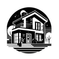 Stylized Black and White Home with Modern , Balcony, Trees, and Circular Night Sky Composition. vector