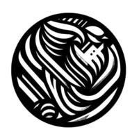 Abstract black and white circular featuring stylized birdlike creature within intricate wavelike patterns. vector